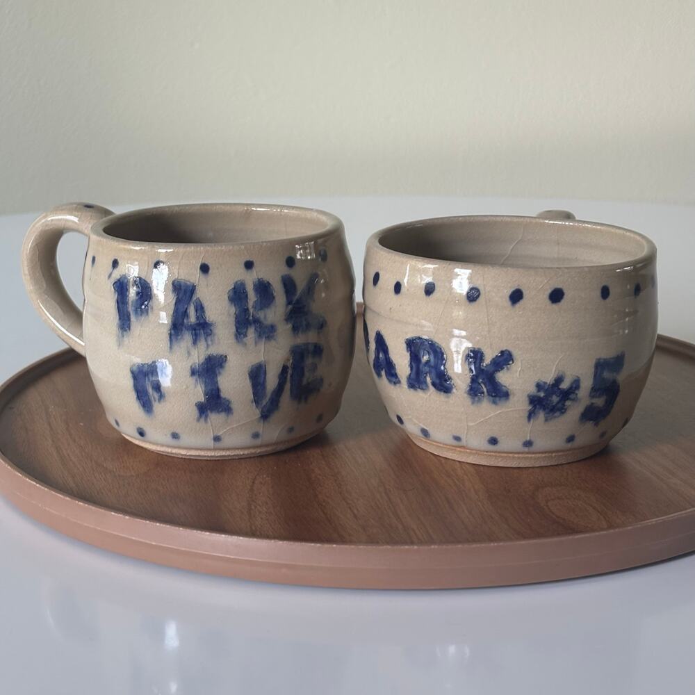 Set of 2 Hand-Thrown Pottery Coffee Mugs “Park 5” Design, Signed RS, Cottagecore